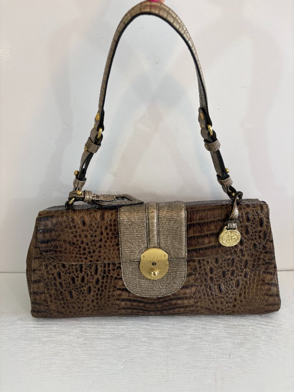 Brahmin Croc Embossed Brown Shoulder Bag Handbag Purse Gold